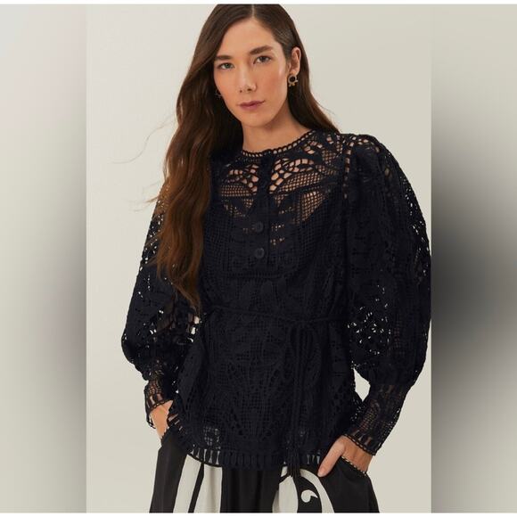 Farm Rio Black Guipire Puff Sleeve Blouse size small - Picture 1 of 6